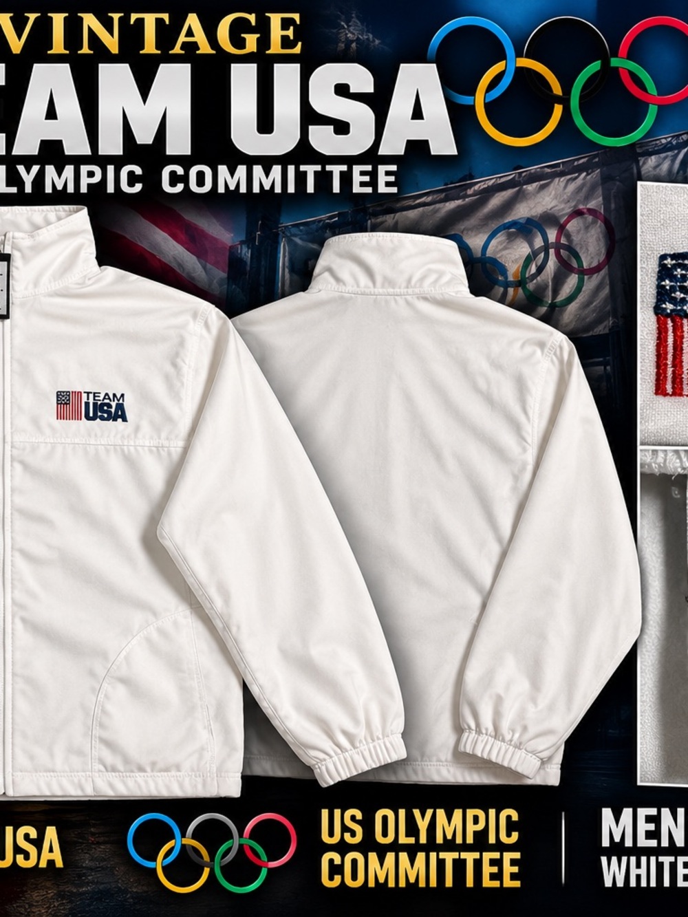 Vintage Team USA US Olympic Committee Jacket Made in USA Mens L White Fleece